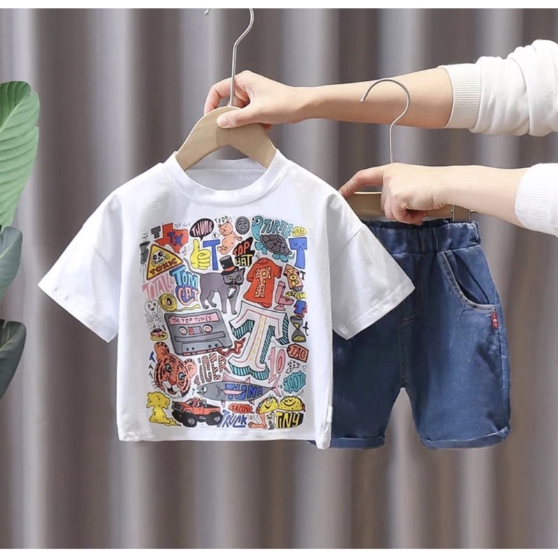 setelan baju dan celana anak laki laki motif hewan 1-5 tahun