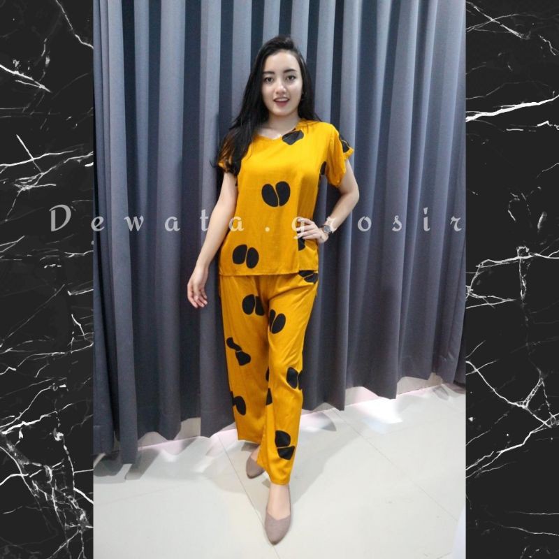 BAJU WANITA PIYAMA BAJU TIDUR SETELAN ONE SET BABYDOLL RAYON SUPER KOPI BALI ROBUSTA TERLARIS-Kopi mustard
