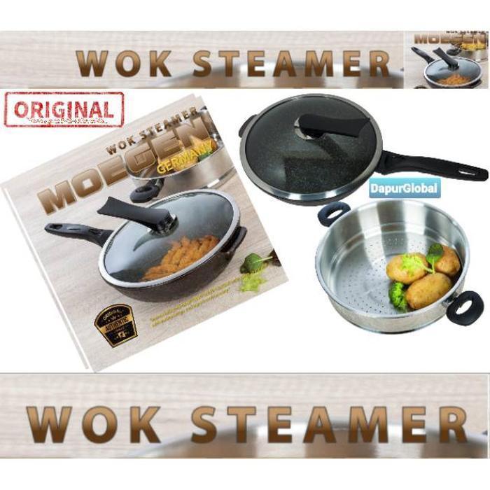 Panci Wok pan moegen steamer marble coating wajan moegen dengan kukusan
