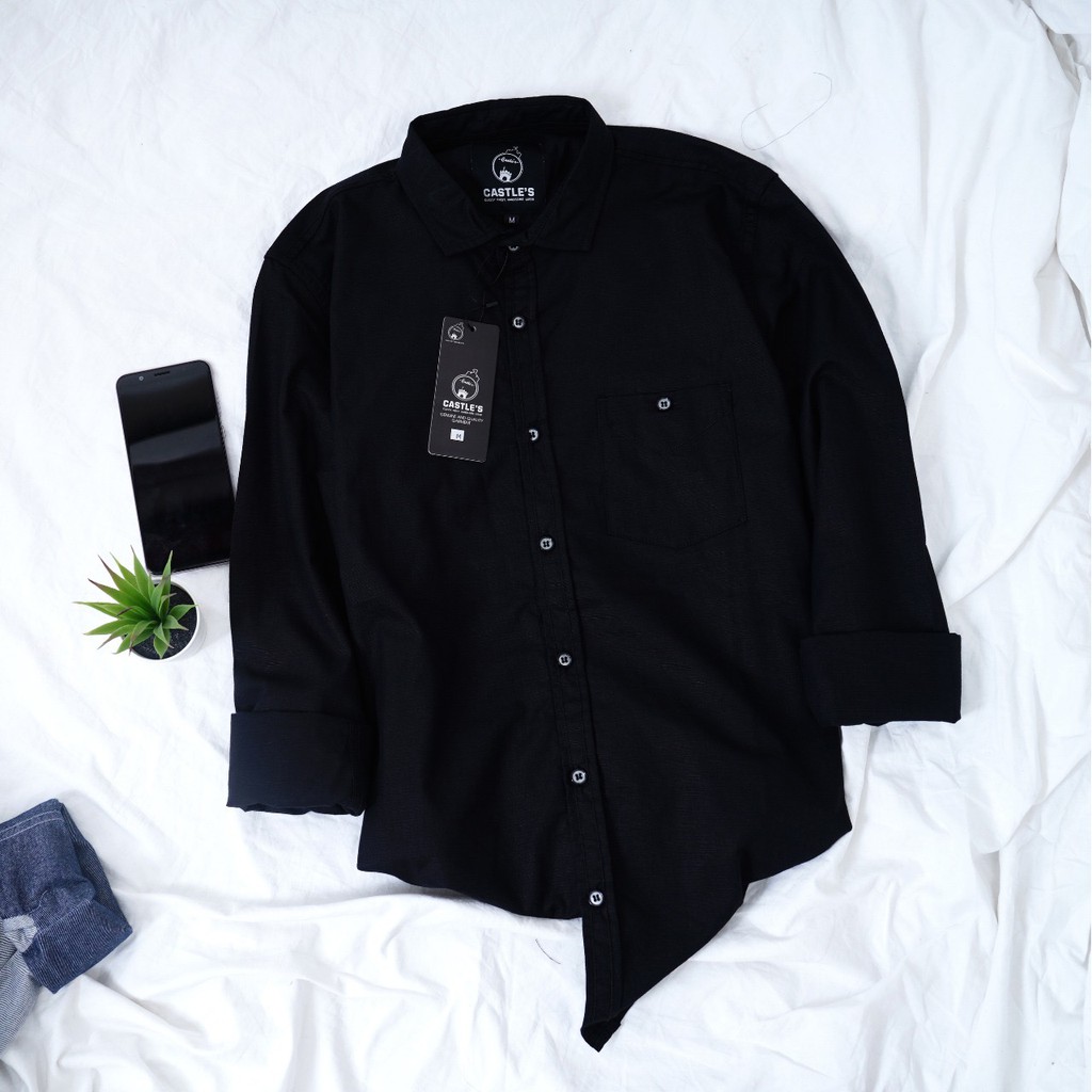 Babedo Kemeja Hitam Polos Pria Lengan Panjang Casual