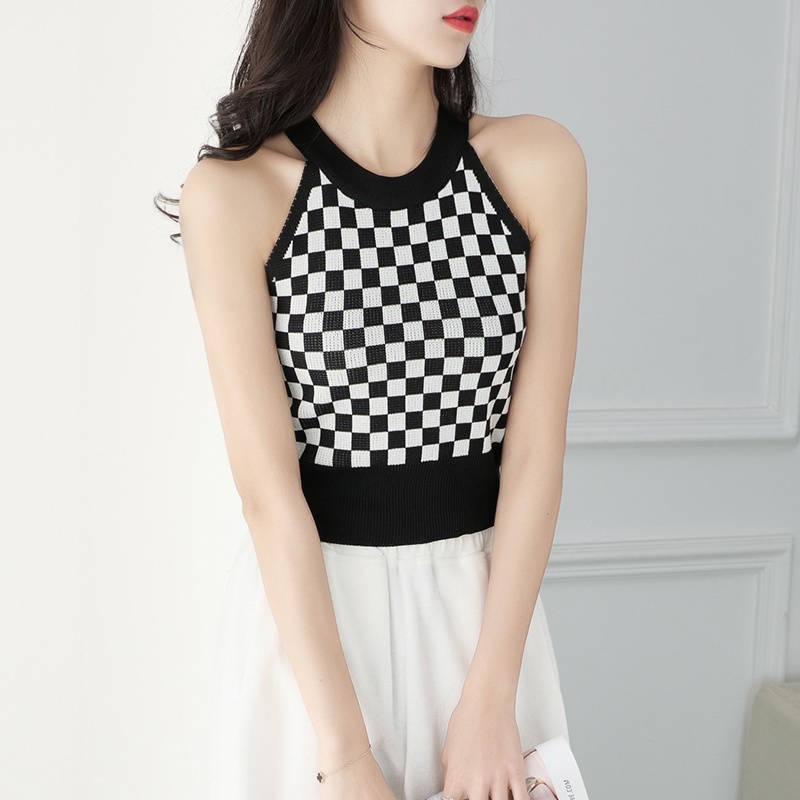 【Elegant】 Sleeveless Round Neck Letter Short Knitted Vest   7386