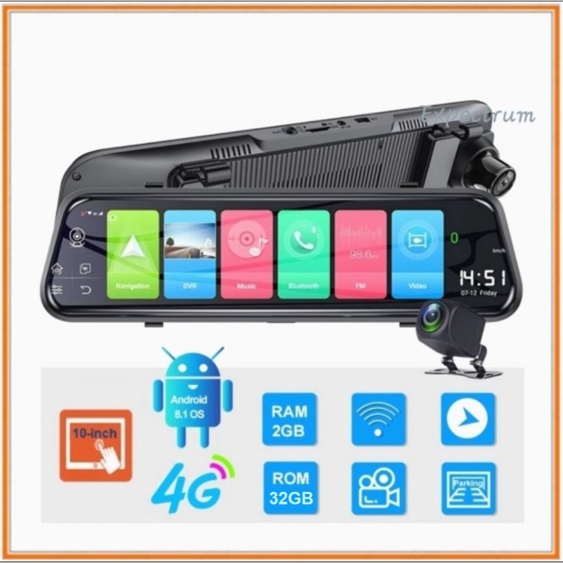 CAR DVR 4G. Wifi GPS BT Android System 8.1, IPS LCD 10 Inchi.