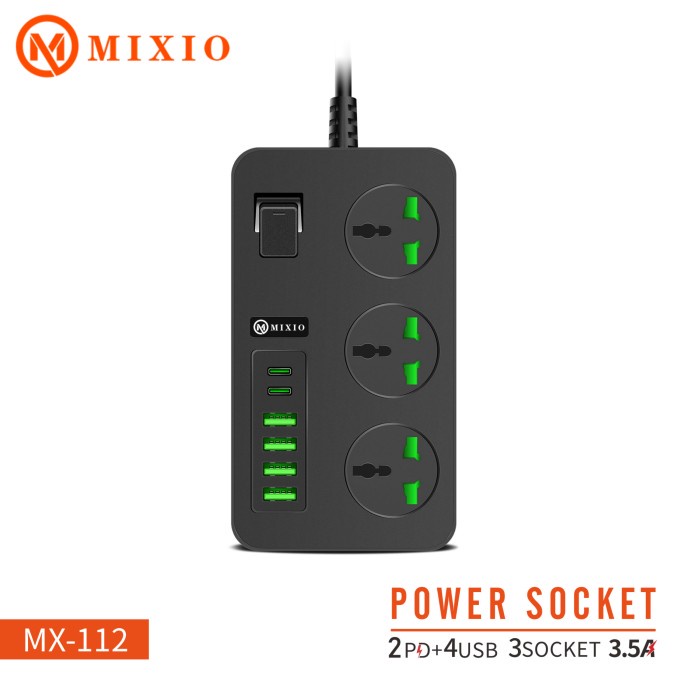 MIXIO MX-112 Power Socket Adaptor Charger Stop Kontak 2PD+4USB+3SOCKET