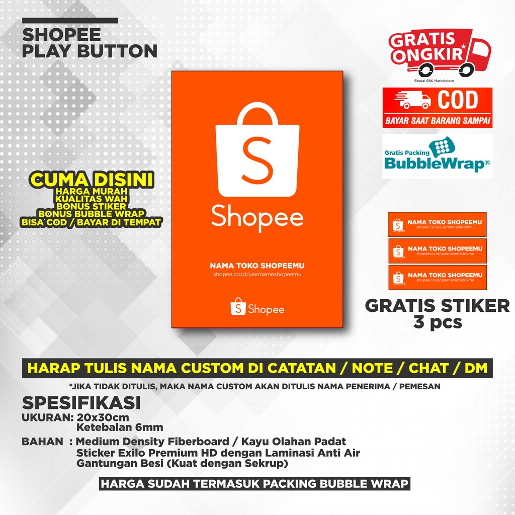 

[BISA COD] SHOPEE PLAY BUTTON BISA UBAH NAMA KAMU - BONUS STIKER - PACKING BUBLE WRAP HITAM