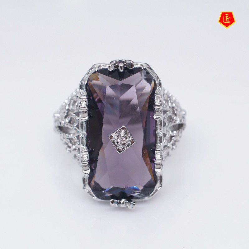 [Ready Stock]Fashion Personality Inlaid Chamfered Rectangular Amethyst Ring Exquisite