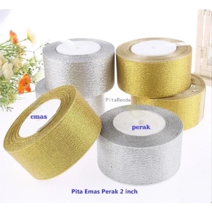 

Pita Emas Perak 2 Inch / 5 cm / Pita Glitter Metalik Gold Silver