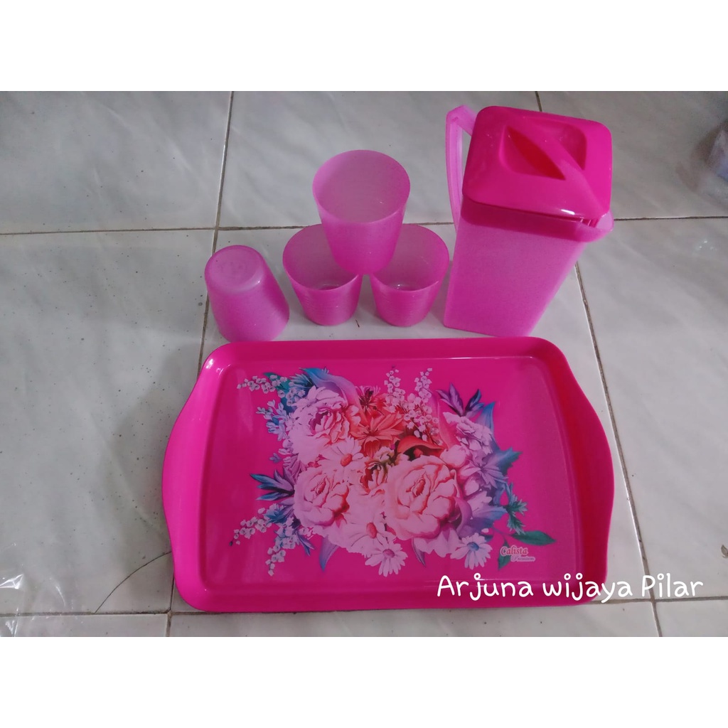 Nampan Teko Gelas Plastik set - Topan Set 4 gelas,1 teko Calista Premium, 1 nampan gratis my bottle+ Bubblewrap