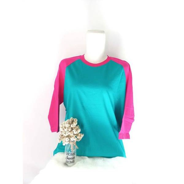 kaos raglan hijau tosca dengan pink fanta size anak dewasa jumbo lengan pendek 3/4 7/8 dan panjang