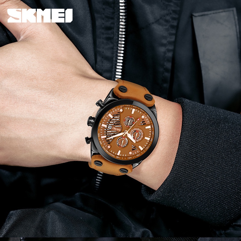 SKMEI 9282 Jam Tangan Pria Analog Chronograph Tali Kulit WATCHKITE WKOS