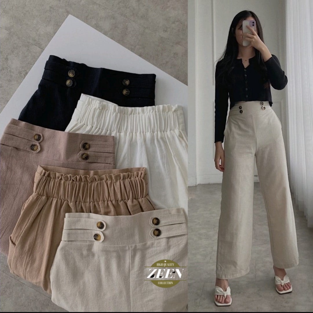Kulot Celana Linen Hightwaist Basic Premium kancing Depan 4 Model Korea Bahan Linen