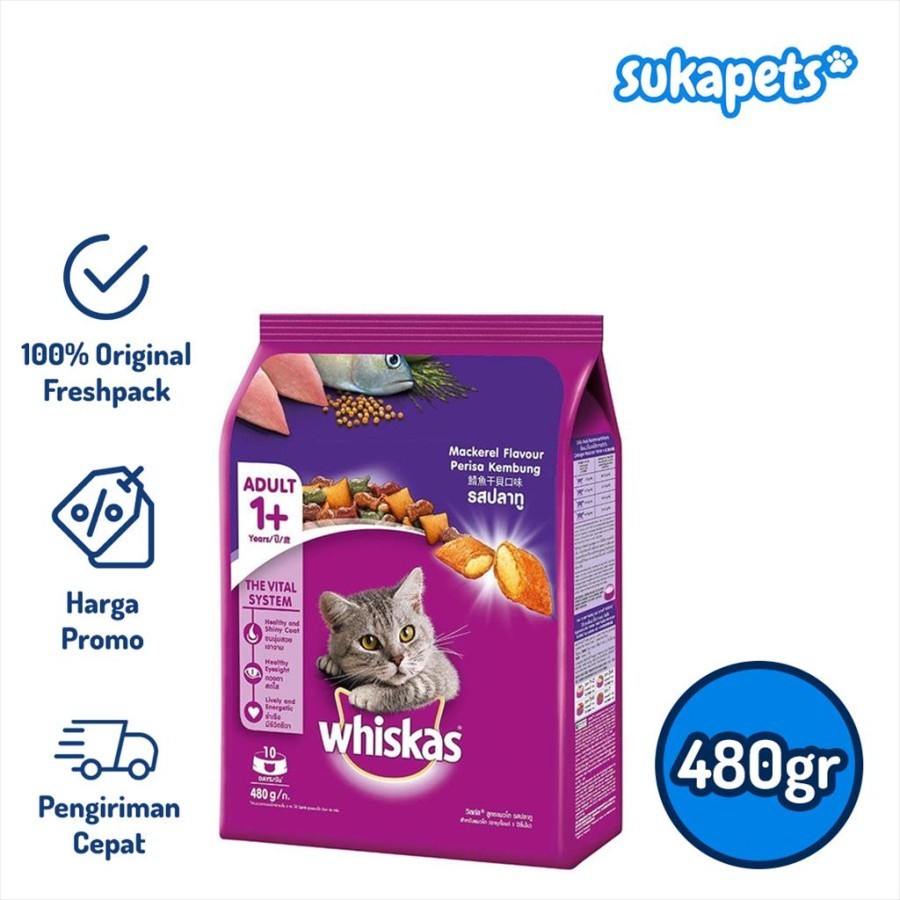 Whiskas Adult Cat Mackerel Dry Food Makanan Kucing Kering 480gr