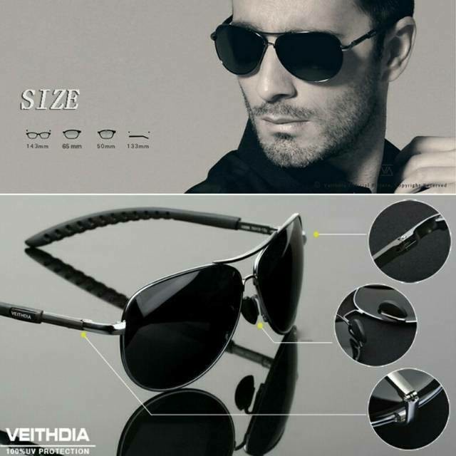 Kacamata VEITHDIA aviator original 3088 sunglasses Polarized UV pria kaca mata motor mobil anti sila