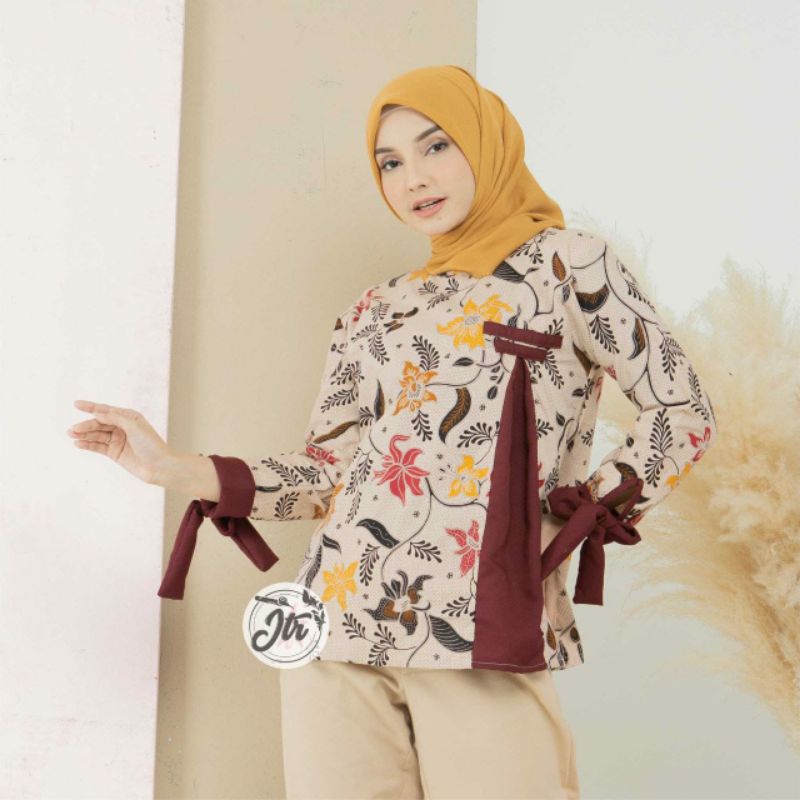 tey-17 Batik wanita ASJ SA HRB026 Kenongo Kemeja Tosca Pendek-Ayana maroon