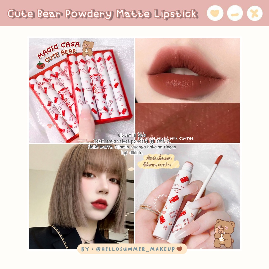 𝐌𝐀𝐓𝐓𝐄 𝐋𝐈𝐏𝐒𝐓𝐈𝐂𝐊 - Magic Casa Cute Bear Velvet Powdery Matte Lipstick Set 5 Colors