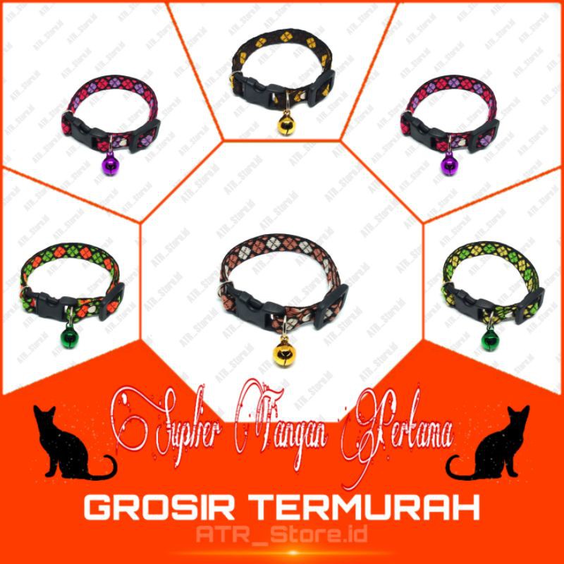 Kalung Kucing 1 Lonceng MOTIF ETNIK 10mm &amp; 12mm - Aneka Warna