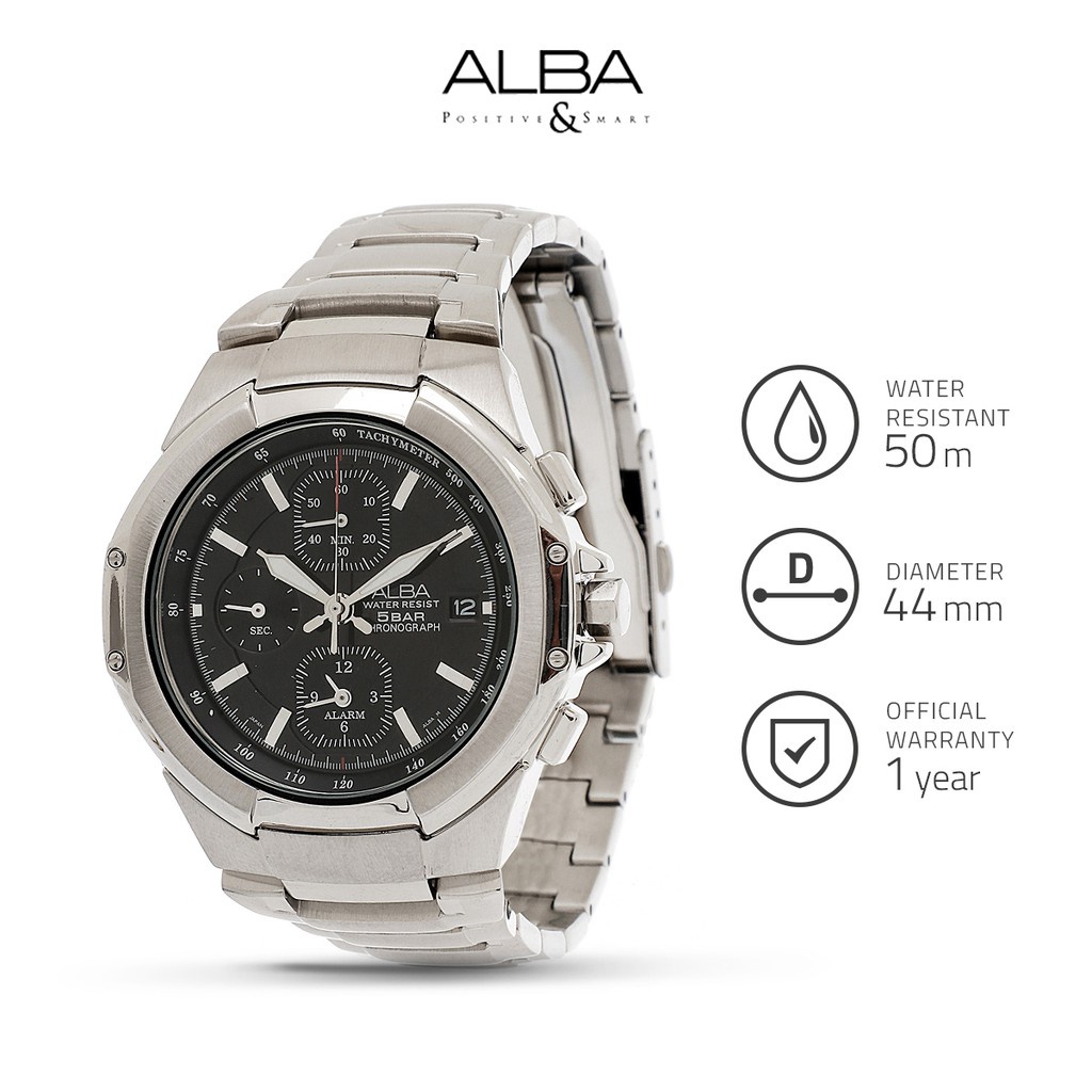 Alba Jam Tangan Pria Chronograph AF3B97 / AF3B97X1 Quartz Black Dial Stainless Steel Strap Watch
