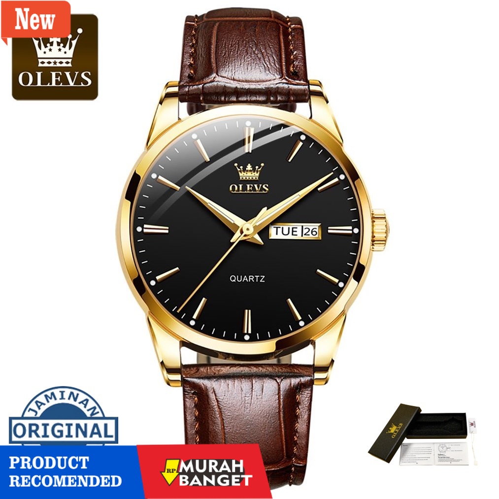 Jam tangan analog pria terbaik- CODJam Tangan Pria Original OLVES 6898 Tali Kulit Mewah Kuarsa Tahan Air Watch + Kotak Gratis