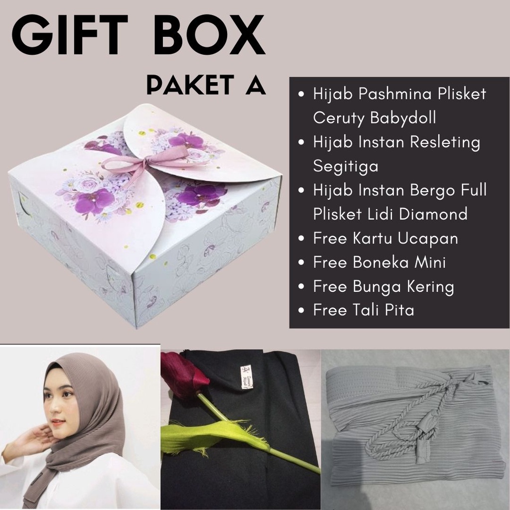 

HAMPERS HADIAH KADO/GIFT BOX CEWEK ULANG TAHUN, WISUDA, PERNIKAHAN, LEBARAN PAKET A HIJAB INSTAN PASMINA INSTAN INNER HIJAB PASHMINA CERUTY BABY DOLL, HIJAB INSTAN BERGO FULL PLISKET LIDI DIAMOND, HIJAB INSTAN RESLETING SEGITIGA