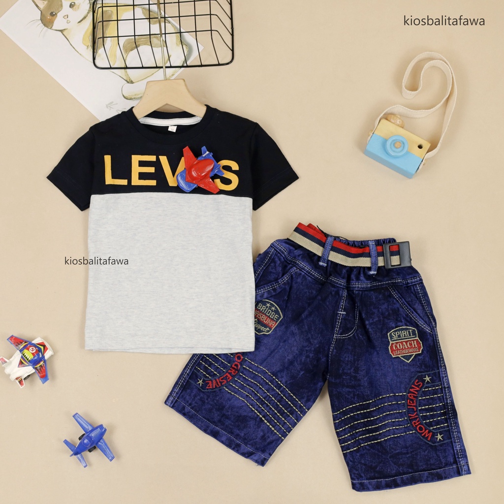 Setelan Vino uk 1-6 Tahun / Set Disro Lengan Pendek Celana Jeans Kantong Anak Laki-Laki Babycinnamon