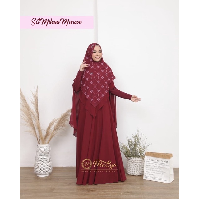 Masya Syari- Madenia Syari ,Set Milena , Gamis Syari Simpel Elegant GAMIS SYARI SET KHIMAR PREMIUM O