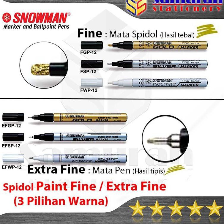 

♞ Spidol Paint Marker Snowman Permanent Fine (F) / Extra Fine (EF) Warna Emas - Perak - Putih - Hita