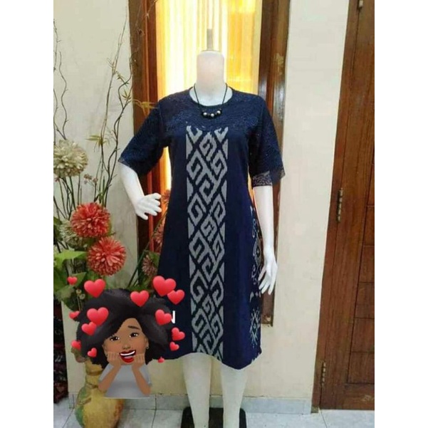 dress Tenun jepara midi nuansa biru Dongker elegan dg kombinasi brokat
