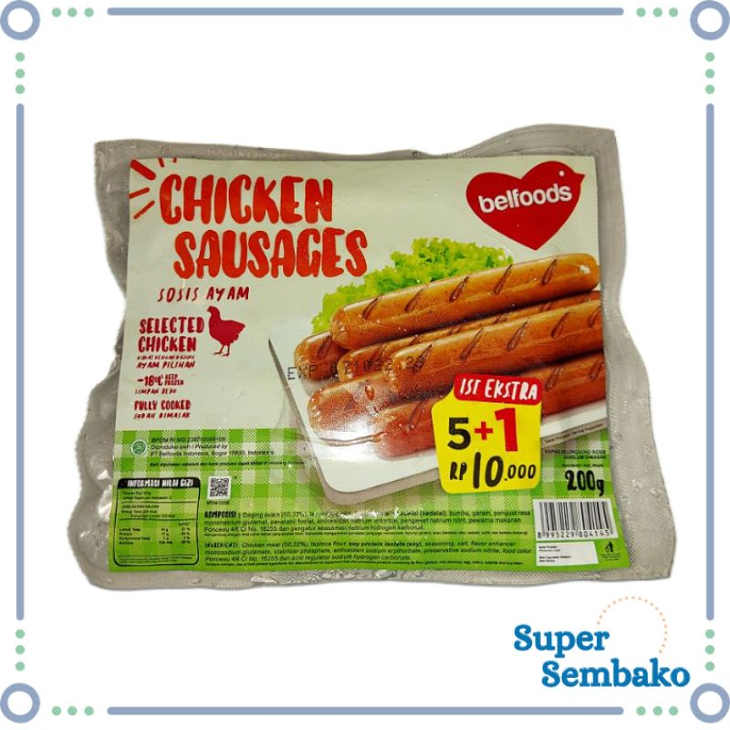 FROZEN FOOD MAKANAN BEKU CHICKEN SAUSAGES SOSIS AYAM BELFOODS 200g ISI 6 MURAH