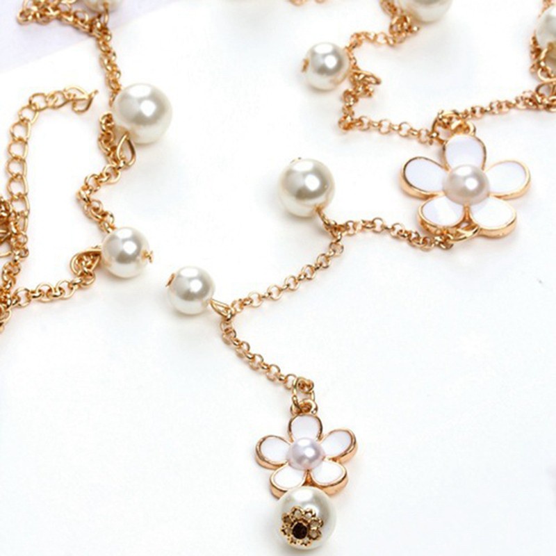 【Hot sale】 Elegant Flower Faux Pearls Sweater Chain Long Pendant Necklace