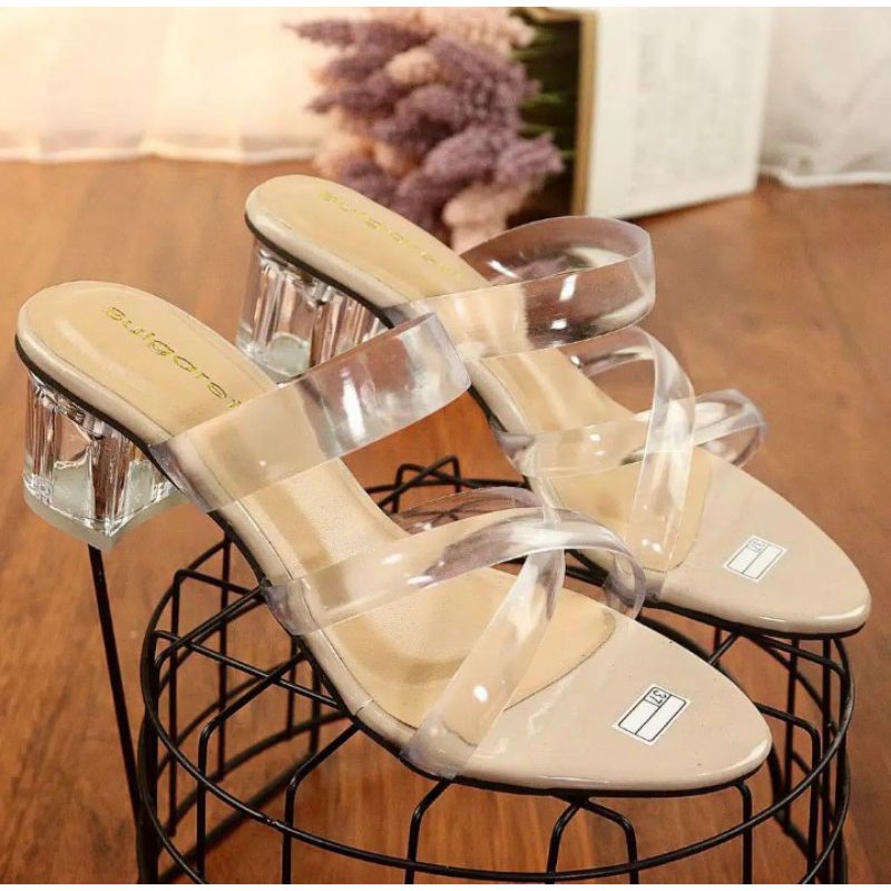 Sendal sandal High heels hak tahu 7cm kaca wanita murah terbaru