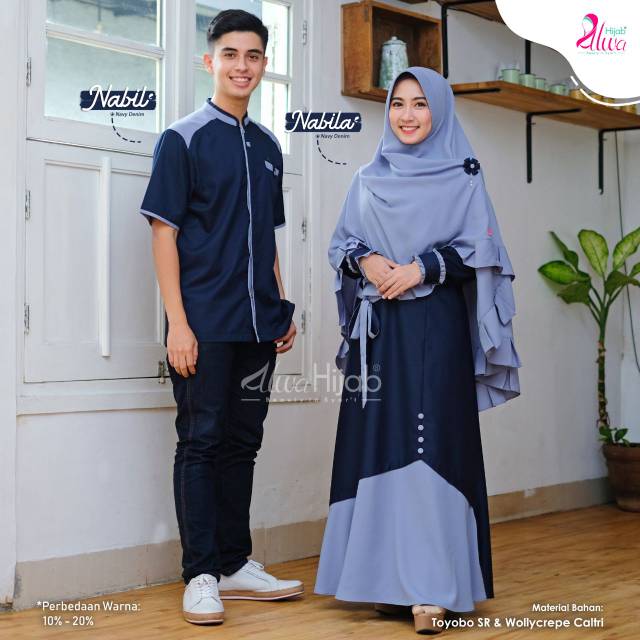 SARIMBIT COUPLE MUSLIM ALWA SYAR'I BAJU CASUAL KONDANGAN NAVY DENIM ORIGINAL ALWA HIJAB