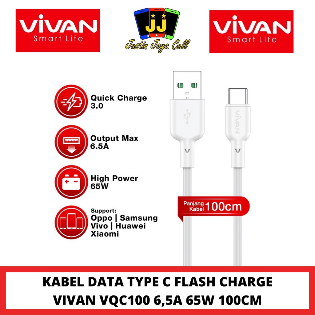 KABEL DATA TYPE C VIVAN VQC100 6,5A 65W FAST CHARGING 100CM