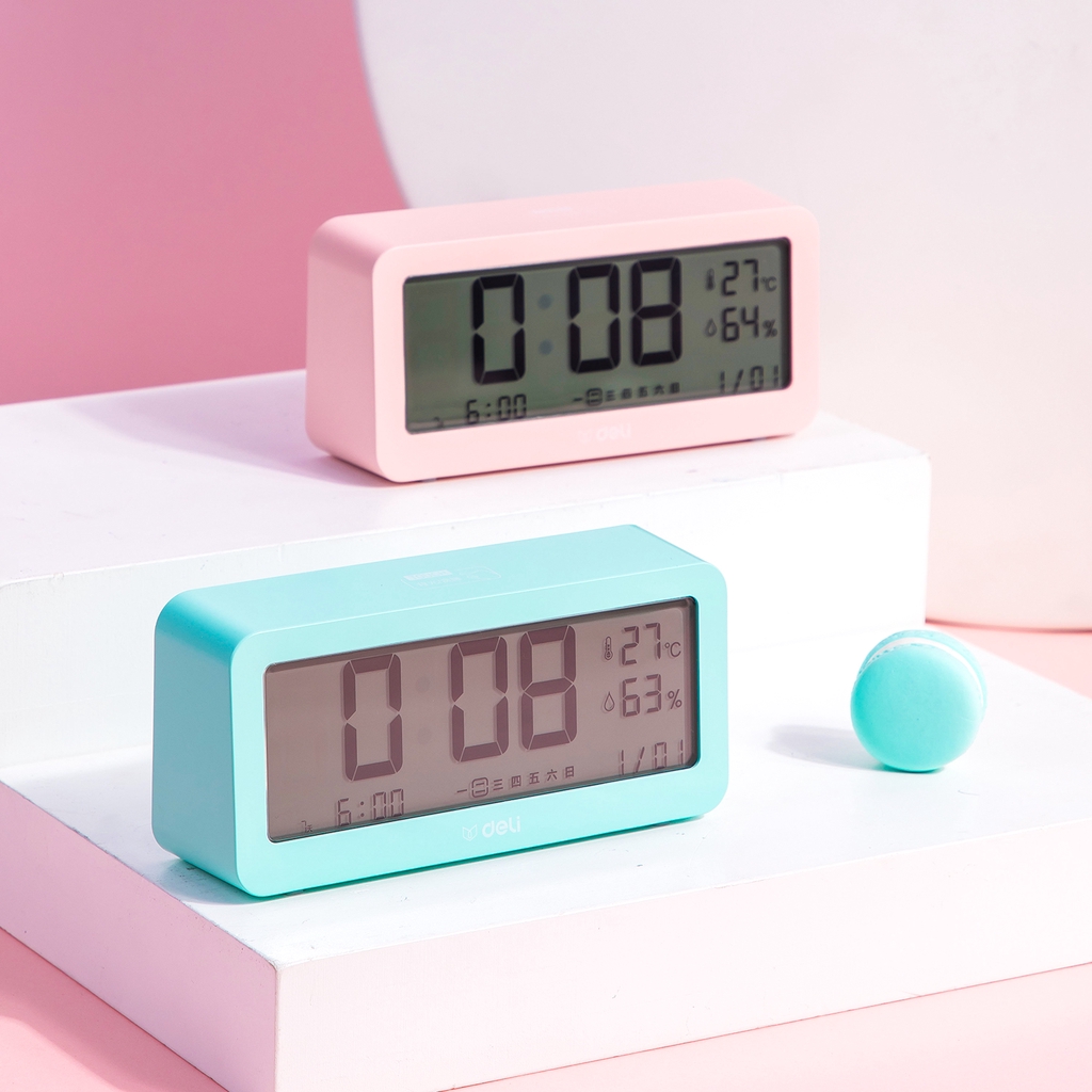 Deli Jam Alarm Digital Pink/Biru, Layar LCD, Tahan Terhadap Panas, Cahaya Belakang Sentuh 8826