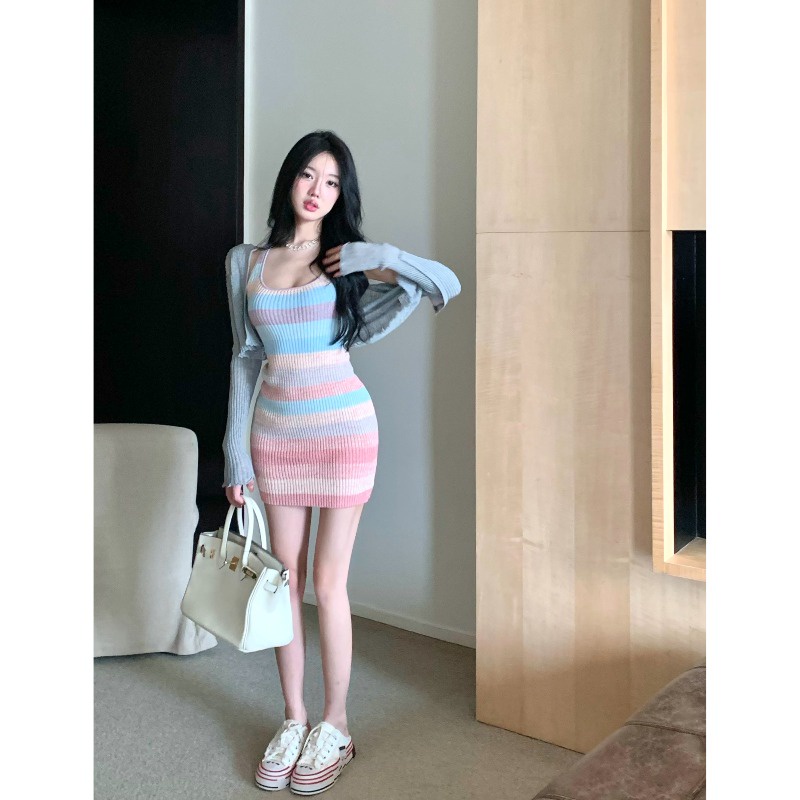 Suhao rainbow striped rajutan halterneck suspender dress wanita musim panas tanpa lengan manis babes