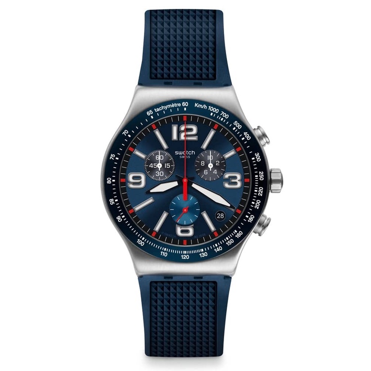 SWATCH YVS454-Jam Tangan Pria Analog-Blue Grid Ironi Chrono-Original Garansi Resmi-Biru