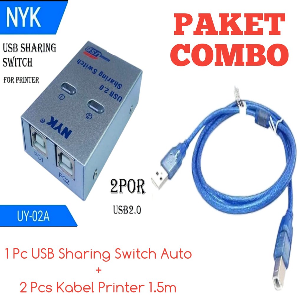 PAKET MURAH BANGET / KABEL + AUTO SWITCH PRINTER 2PORT USB SHARING 2 CABANG - NYK