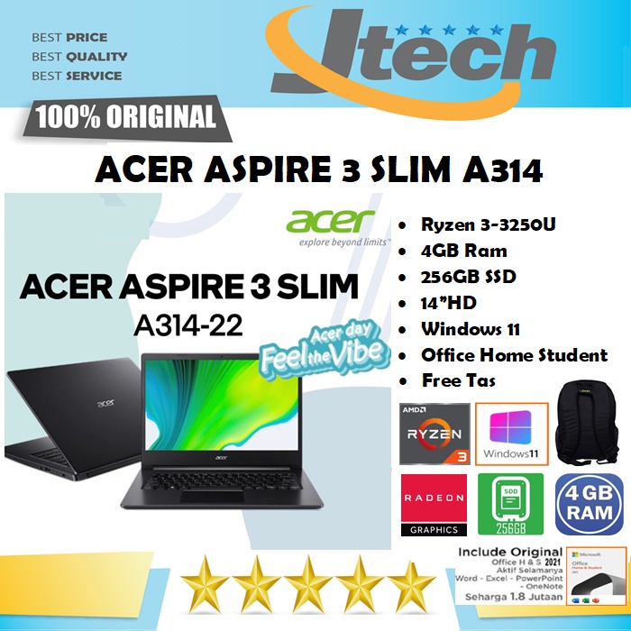 NEW ACER ASPIRE 3 SLIM A314-22 - RYZEN 3-3250U - 4GB - 256GB SSD - 14"HD - WIN11 - OFFICE HOME