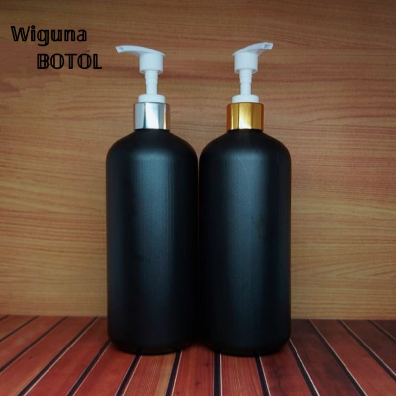 Botol Pump 500ml HDPE Hitam / Botol HDPE 500ml Hitam Tutup Pump Lotion Ring Alumunium