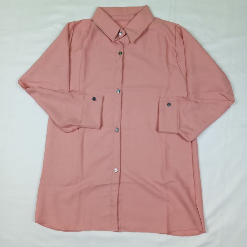 KEMEJA POLOS TANGAN SKODER | BAJU KANTOR PUTIH HITAM | KEMEJA FORMAL| ATASAN WANITA LENGAN PANJANG-Peach 27