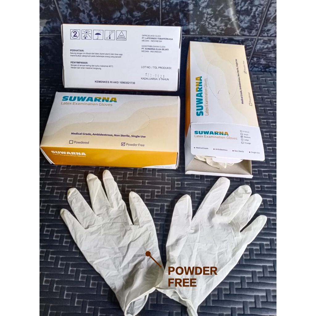 SARUNG TANGAN MEDIS KARET LATEX POWDERED DAN POWDER FREE SUWARNA ISI 100 PCS