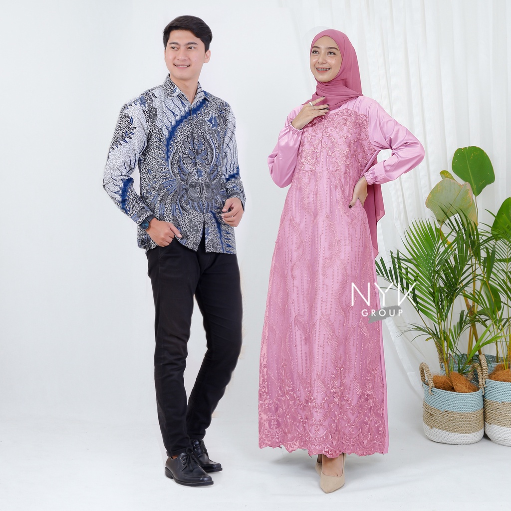 SPESIAL GAMIS COUPLE LEBARAN 2022 - BATIK COUPLE DRESS ALANA LENGAN PANJANG - BATIK COUPLE BRUKAT TULLE MODERN