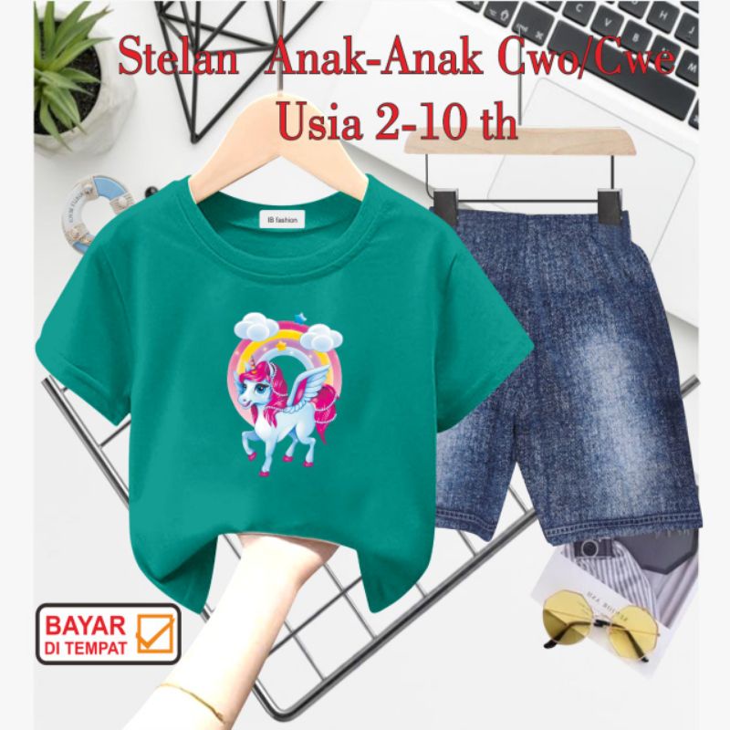 ((IB))SETELAN ANAK PEREMPUAN SEMI JEANS/KUDA PONI DIGITAL SABLON