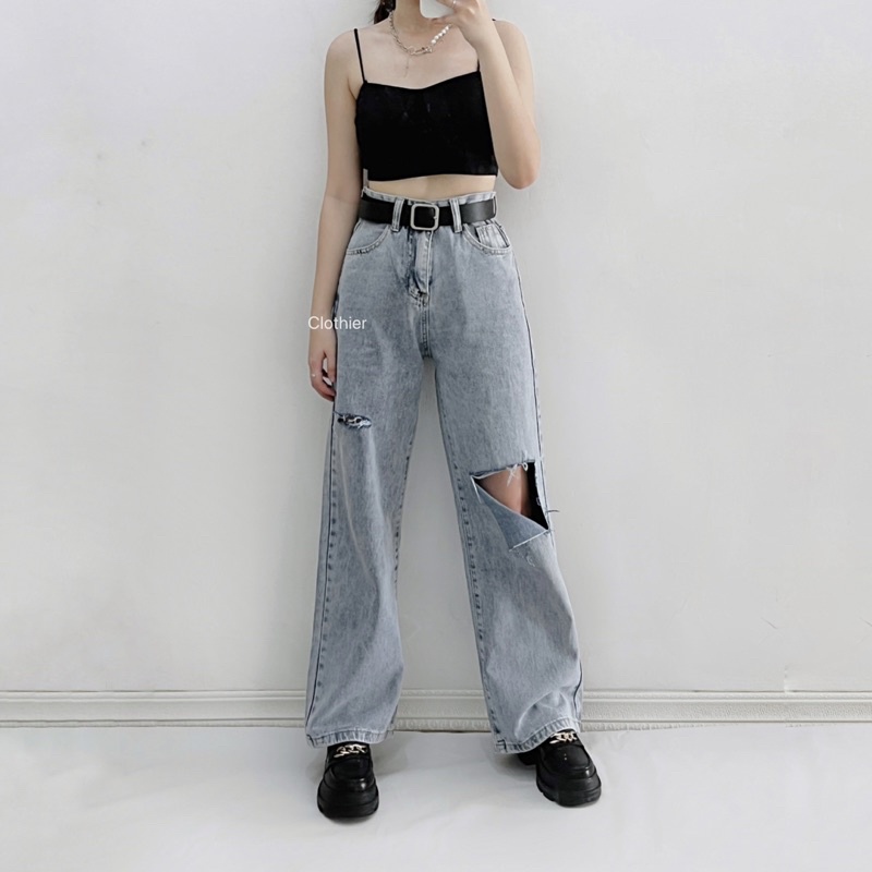 CLOTHIER - Jennie Ripped Baggy Jeans | Unisex Light Blue Baggy Straight Denim