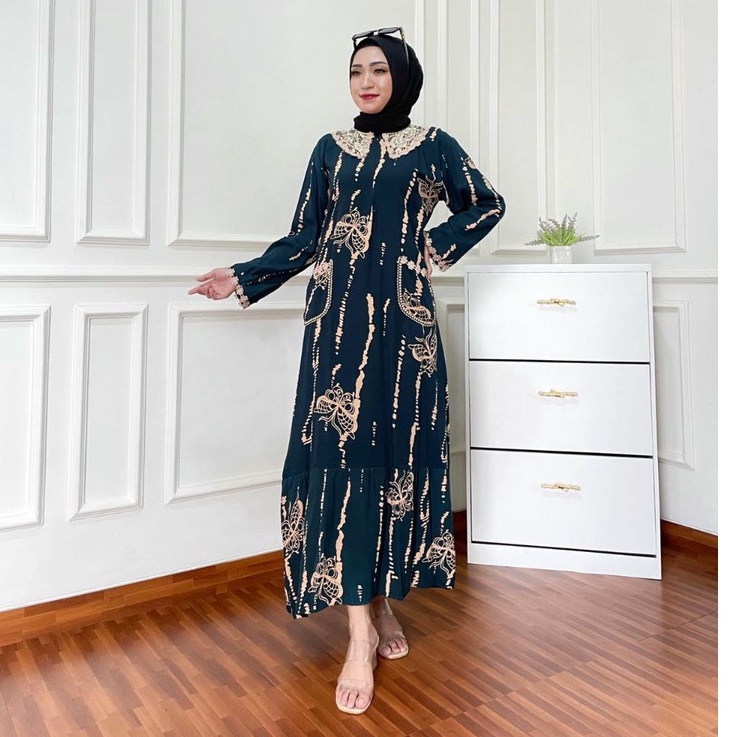 Daster Arab Kupu Rintik Longdress Wanita Dewasa Kekinian Terbaru 2021 2022 Bahan Rayon Lengan Panjang Ld 100 110 Model Arabian Renda Busui Resleting Motif Kupu Rintik Size L XL Murah Harga Grosir-Hijau Botol