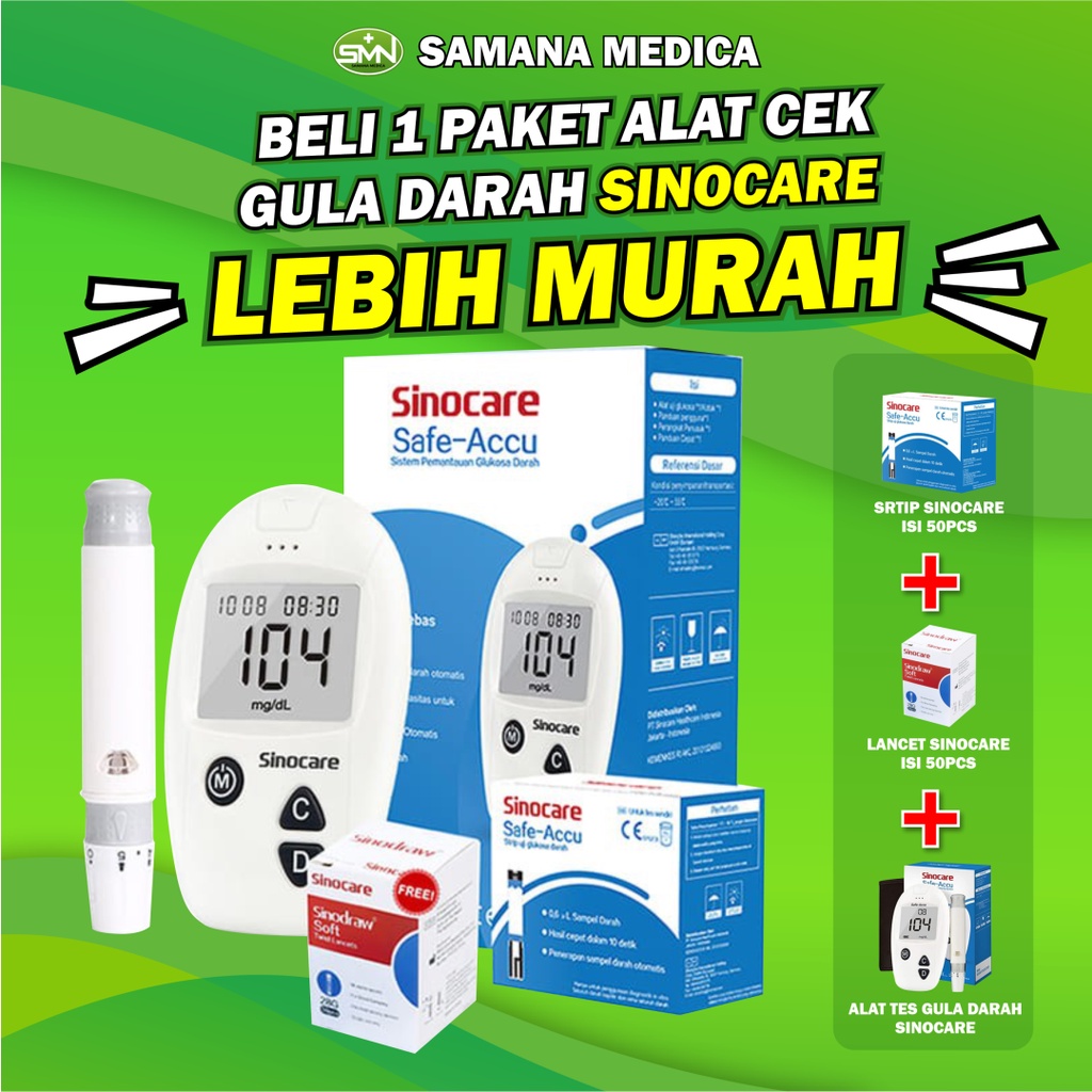 Paket Hemat Alat Tes Gula Darah + Strip 25 + Lancet 50 Siap Pakai Sinocare Safe-Accu