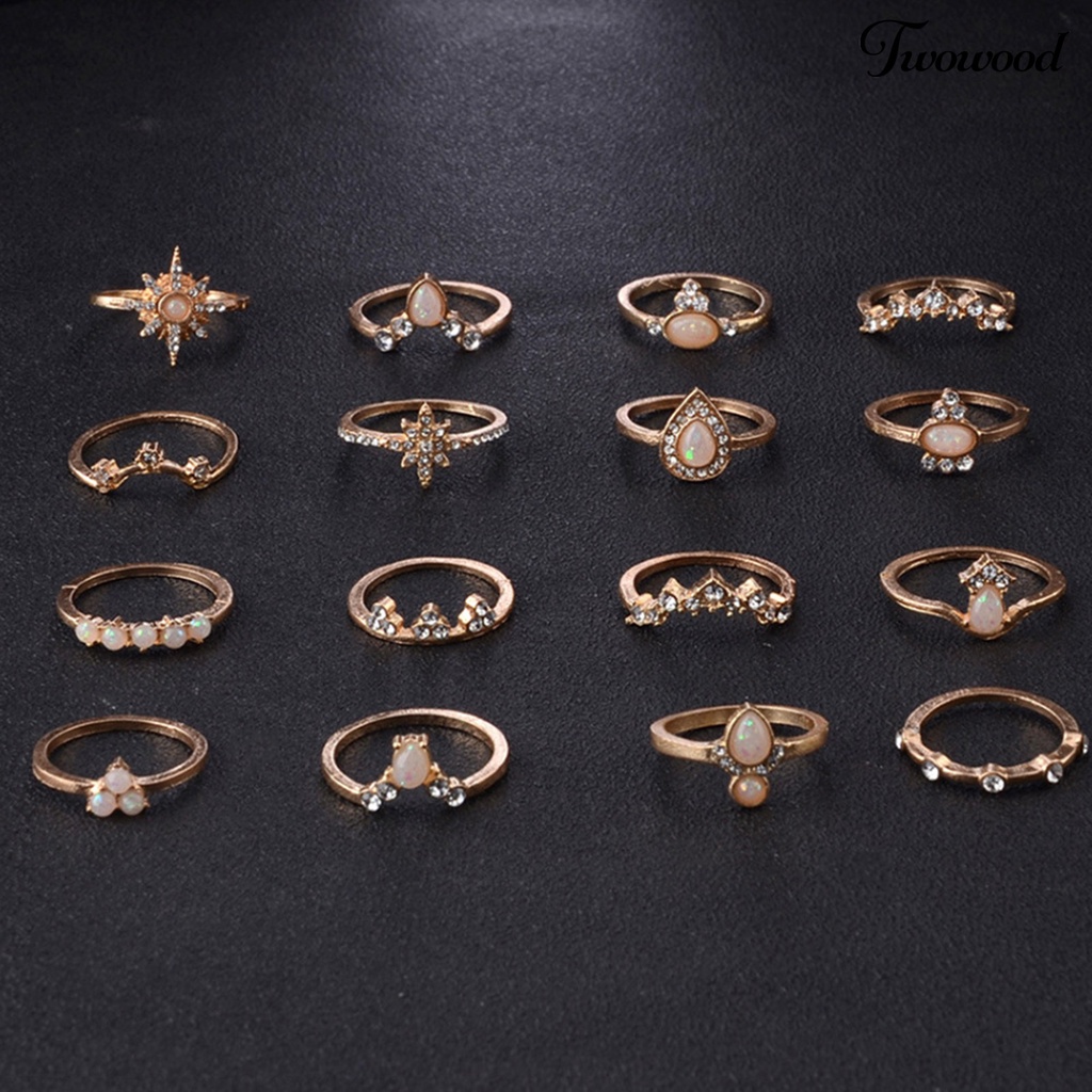 16pcs / Set Cincin Knuckle Bentuk Mahkota Aksen Berlian Imitasi Bahan Alloy Stackable Gaya Bohemia