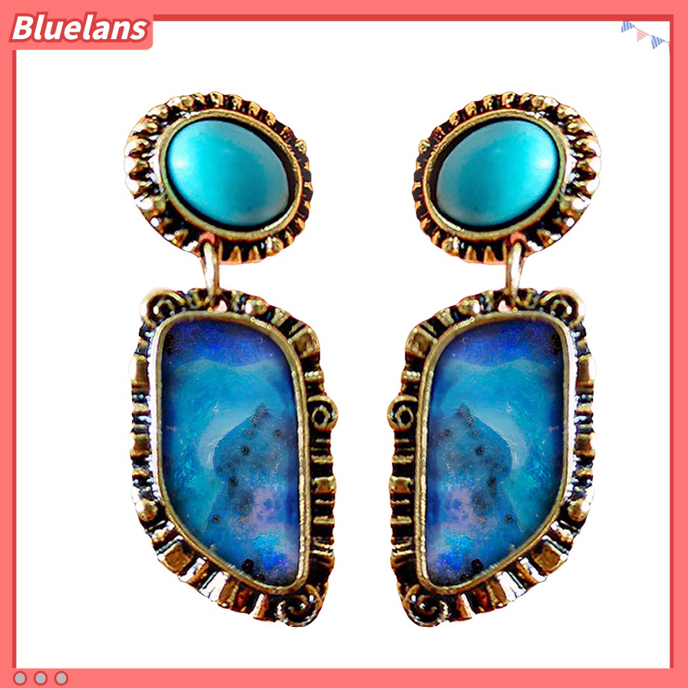 Anting Stud Geometris Menjuntai Aksen Turquoise Tiruan Gaya Vintage Untuk Perhiasan Wanita