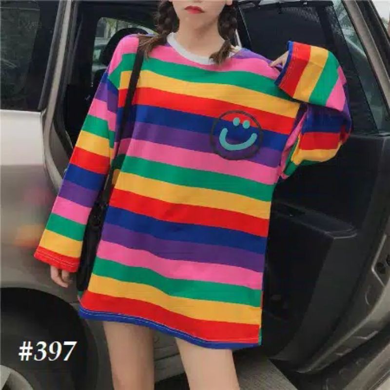 Kaos Garis Wanita Kaos Korea Kaos Lengan Panjang Longgar Kaos Dicetak