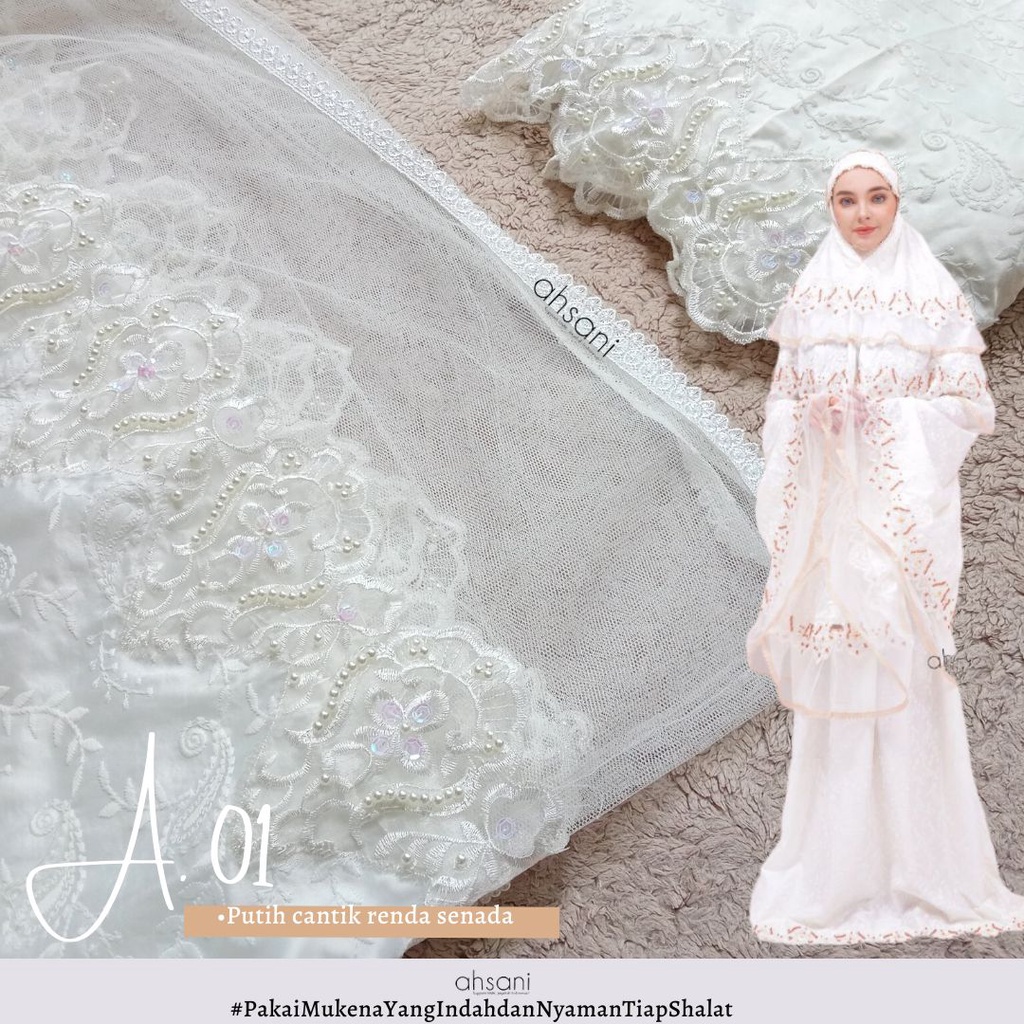 Ahsani A.01 Mukena Sutra Ori Mukenah Dewasa Renda Lebar Premium Mewah Paket Seserahan Pernikahan Per