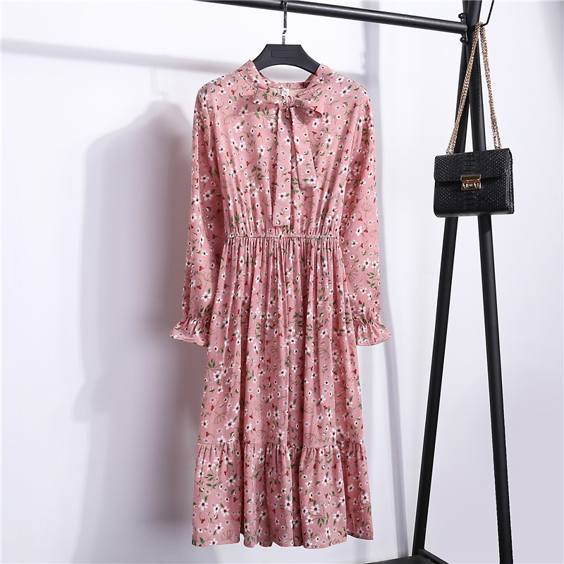 Dress Floral Wanita Lengan Panjang dengan Bahan Chiffon