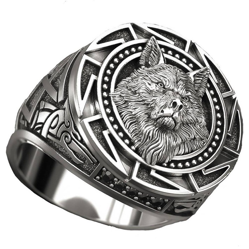 Cincin Desain Kepala Serigala Warrior Bahan Sterling Silver Gaya Punk Gothic Hip Hop Untuk Pesta